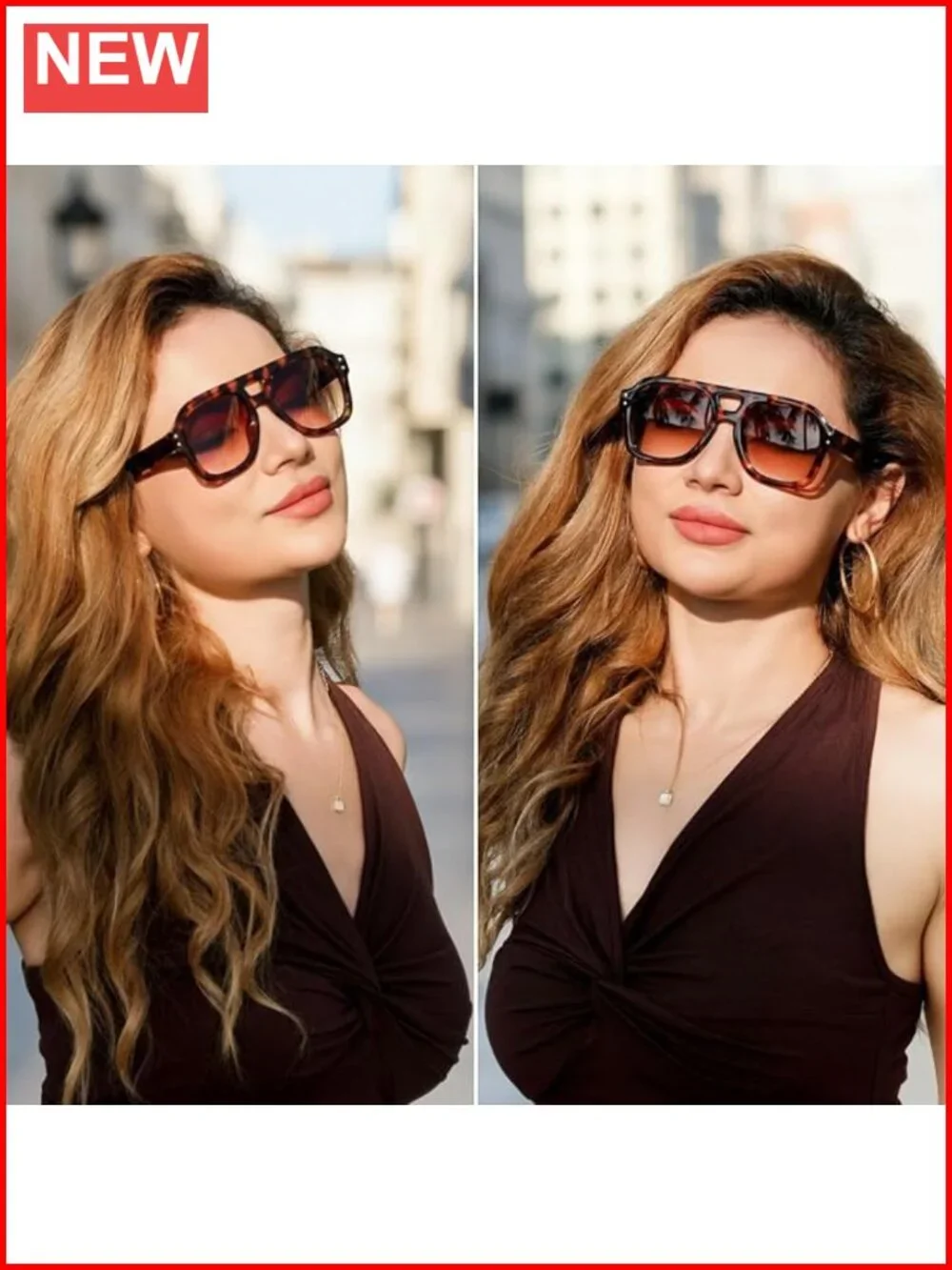 Vintage Aviator Sunglasses Double Bridge Square Thick Frame UV400